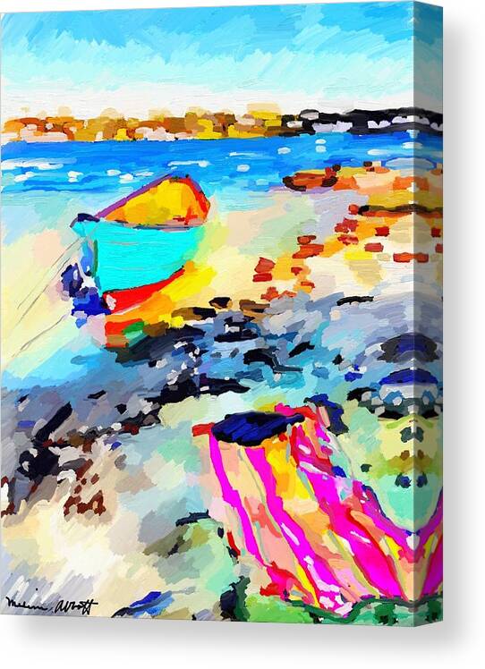Ten Pound Island Canvas Print featuring the painting Dory and Beach Towel at Ten Pound Island, Gloucester, MA by Melissa Abbott