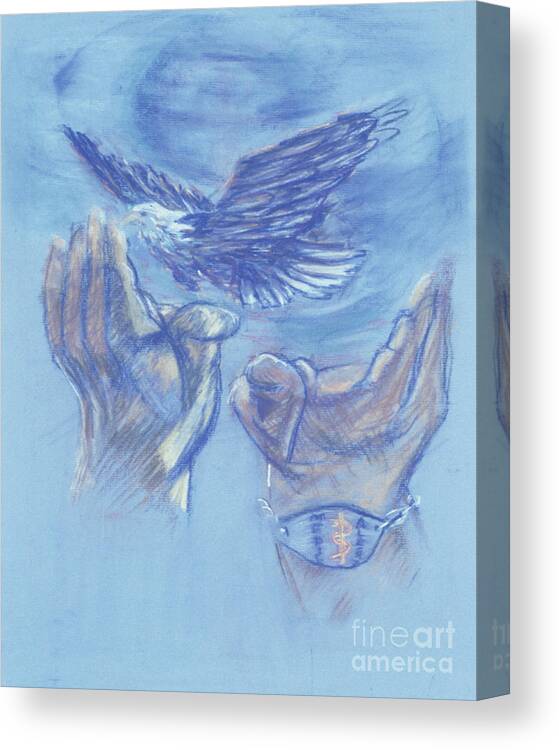 Eagle Hovers Over Ruins Canvas Print featuring the painting Eagle Flying in Freedom - BGEFF by Fr Bob Gilroy SJ