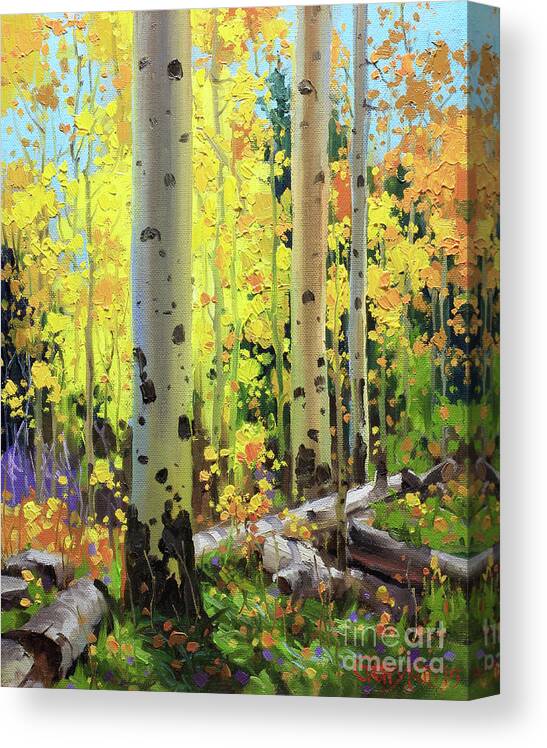 Gary Kim Fineart Original Oil Painting Landscape Oil Painting Contemporary Southwestern Rocky Mountain Autumn Landscape Aspen Trees Birch Tree Full Fall Foliage Bright Golden Yellow Orange Leaves White Sliver Bark Aspen Trunks Wildflowers Foreground Along Grasses And Aspen Trees In The Distance Vibrant Colorful Autumn Tree Foliage Giclee Print Landscape Wildflower Elk Mountains Maroon Peak Forest Nature Woods Flowers Trees Summer Spring Flowers Tree Canopy Vibrant Vivid Colorful Colourful Canvas Print featuring the painting Fall Forest Symphony II by Gary Kim