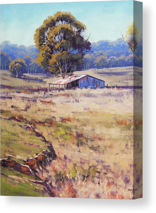 Rural Canvas Print featuring the painting Farm shed Pyramul by Graham Gercken