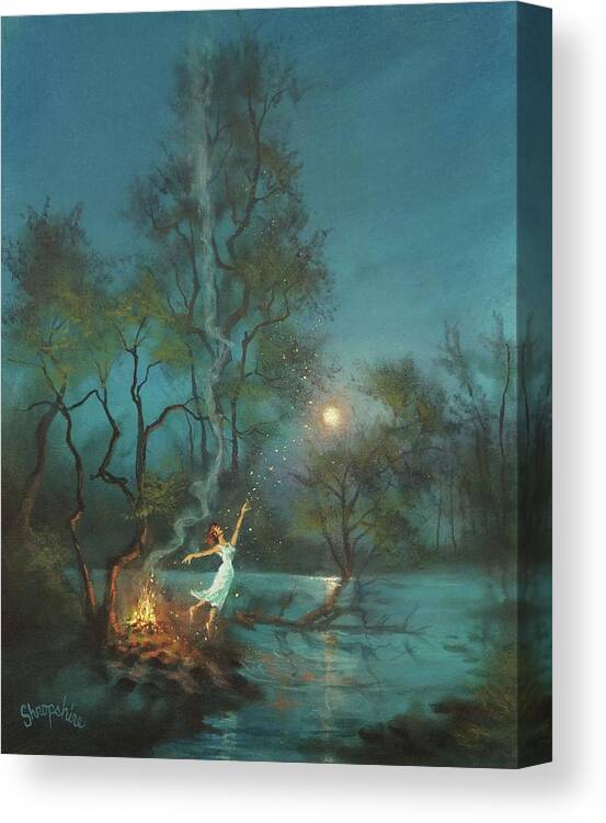 Midsummer’s Eve Canvas Print featuring the painting Fireflies and Moonlight by Tom Shropshire