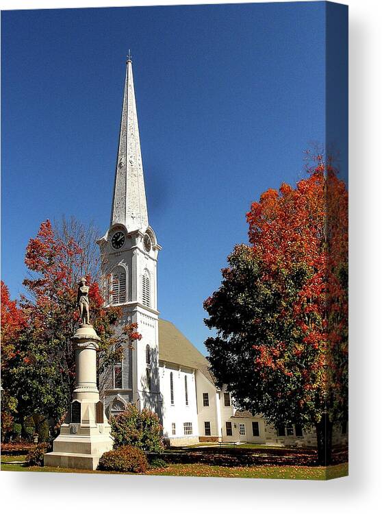Church In Manchester Canvas Print featuring the photograph First Congregational Church and Ethan Allen Revolutionary War Patriot Statue in Manchester Vermont by Linda Stern