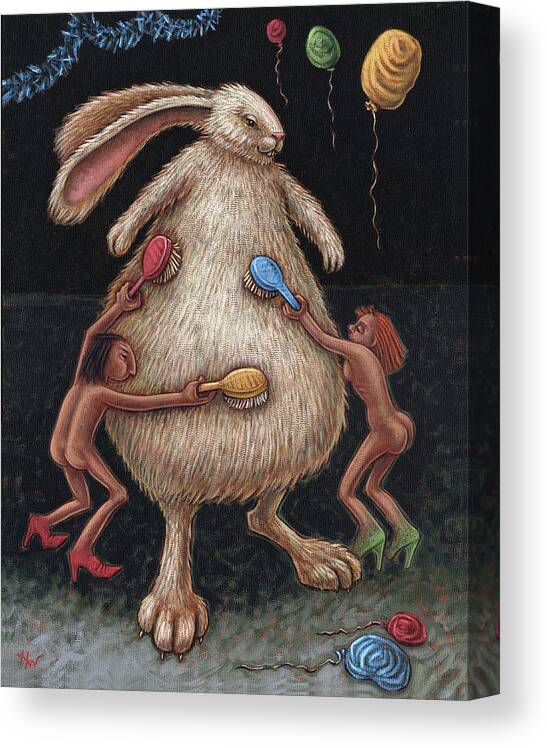 Bunny Canvas Print featuring the painting Fluffing the Bunny aka Grooming the Bride by Holly Wood