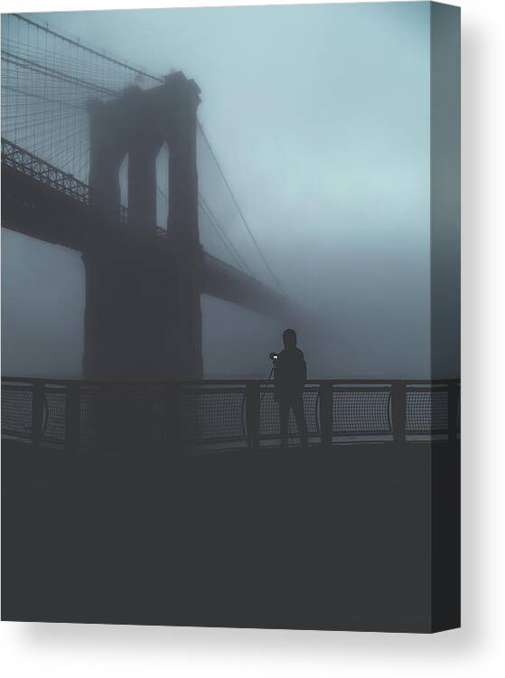Nyc Fog Brooklyn Bridge Cityscape Canvas Print featuring the photograph Fog Life by Anthony Fields