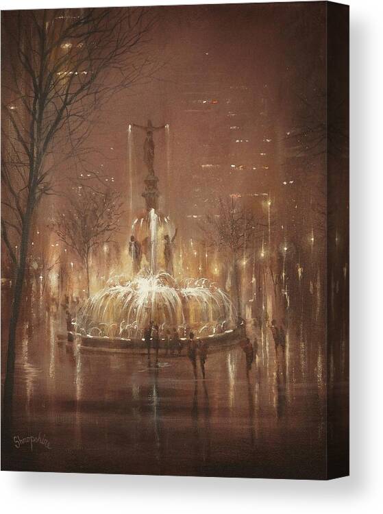 Fountain Square Canvas Print featuring the painting Fountain Square by Tom Shropshire