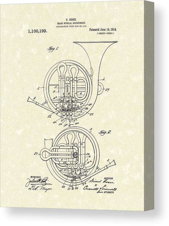 Music Canvas Print featuring the drawing French Horn Musical Instrument 1914 Patent by Prior Art Design