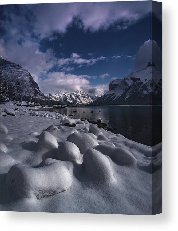 Banff Canvas Print featuring the photograph Fresh Snow at Lake Minnewanka by Cale Best