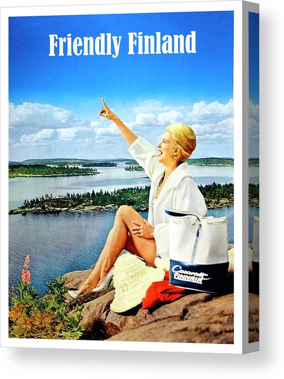 Friendly Canvas Print featuring the painting Friendly Finland, woman on the coast, travel poster by Long Shot