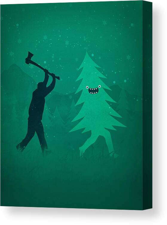 Cute Canvas Print featuring the digital art Funny Cartoon Christmas tree is chased by Lumberjack Run Forrest Run by Philipp Rietz