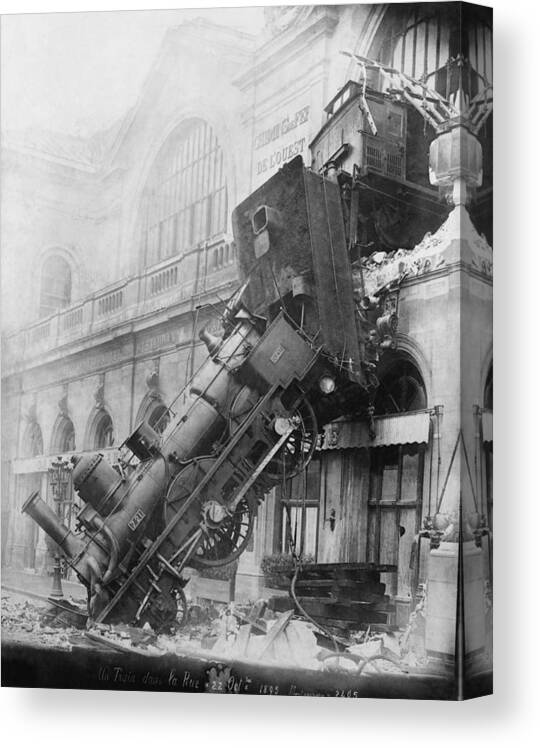 Historic Canvas Print featuring the photograph Gare Montparnasse Train Wreck 1895 by Photo Researchers