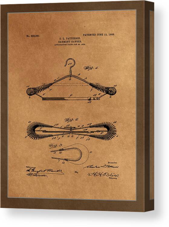 Patent Canvas Print featuring the mixed media Garment Hanger Patent Drawing by Brian Reaves