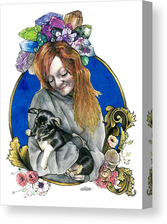 Puppy Canvas Print featuring the painting Ginger and her Lovelies by Arleana Holtzmann