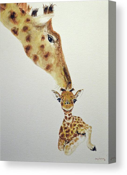 Lion Canvas Print featuring the painting Giraffe And Baby by Ken Figurski