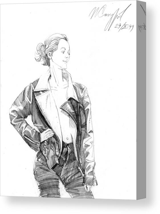 Igor Sakurov Canvas Print featuring the drawing Girl in the Leather Jacket by Igor Sakurov