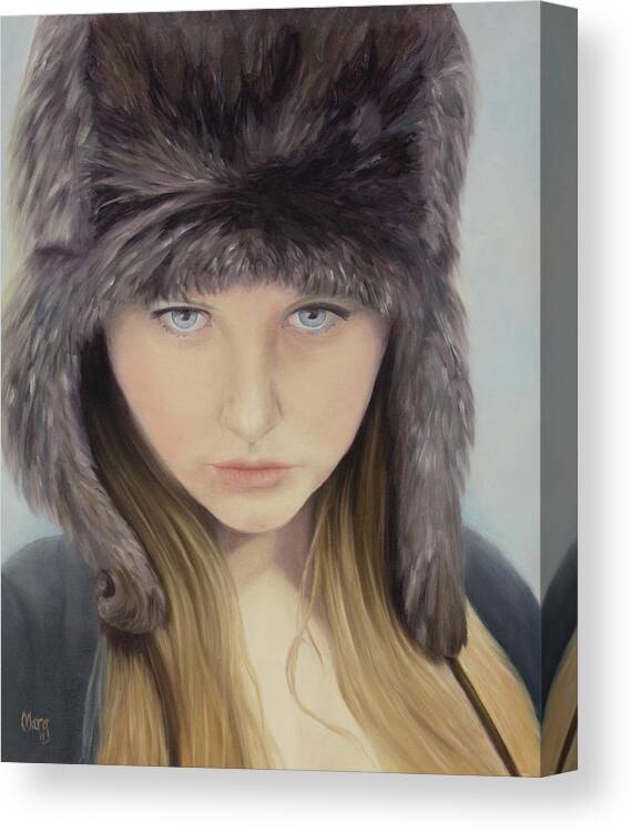 Girl; Fur Hat; Growing Up; Dreaming; Contemplation Canvas Print featuring the painting Girl with Fur Hat by Marg Wolf