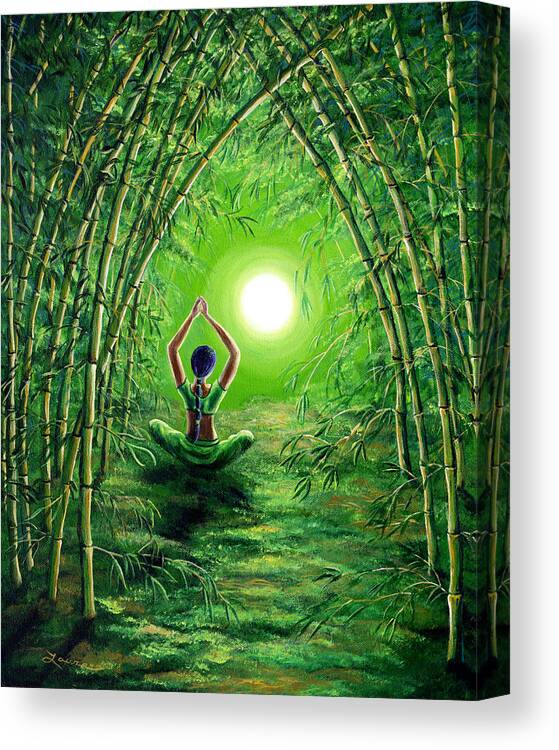 Hinduism Canvas Print featuring the painting Green Tara in the Hall of Bamboo by Laura Iverson