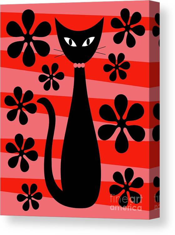 Donna Mibus Canvas Print featuring the digital art Groovy Flowers with Cat Red and Light Red by Donna Mibus