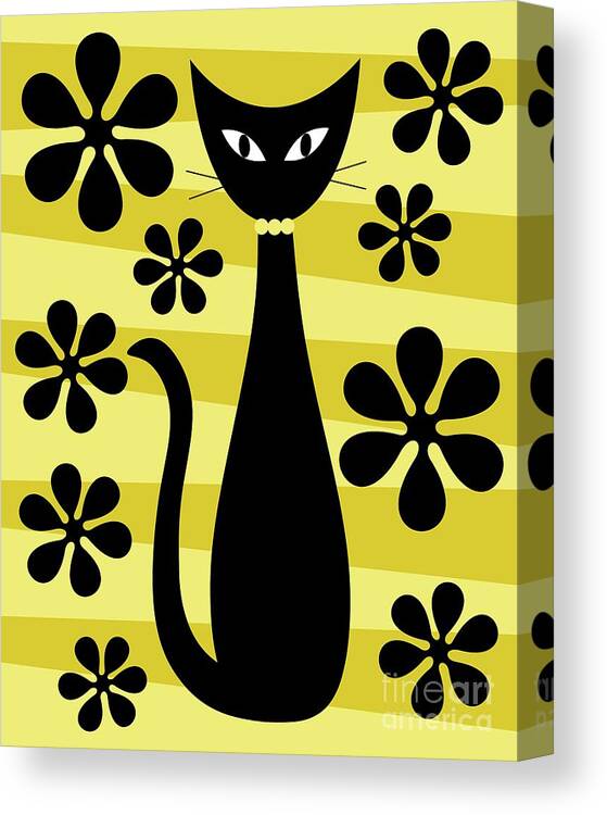 Donna Mibus Canvas Print featuring the digital art Groovy Flowers with Cat Yellow and Light Yellow by Donna Mibus