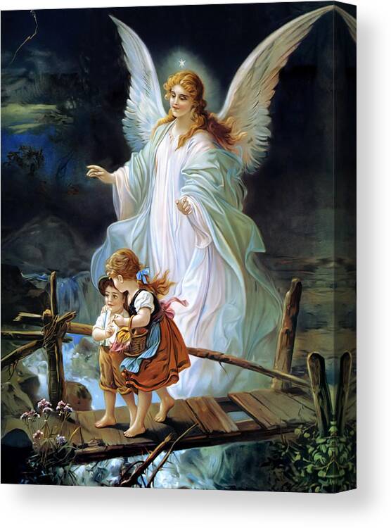 Angel Canvas Print featuring the painting Guardian Angel Watching Over Children On Bridge by Lindberg
