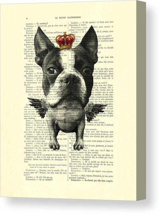 Angel Dog Canvas Print featuring the digital art Boston Terrier With Wings And Red Crown Vintage Illustration Collage by Madame Memento