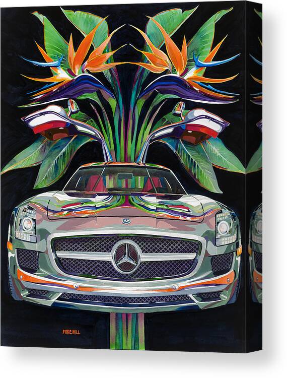 Mercedes Benz Amg Gull Wing Gullwing Classic Bird Of Paradise Automobile Car Germany Orange Silver 2011 Collector Concours 'd Elegance Mirror Image Canvas Print featuring the painting Gullwing Birds of Paradise by Mike Hill