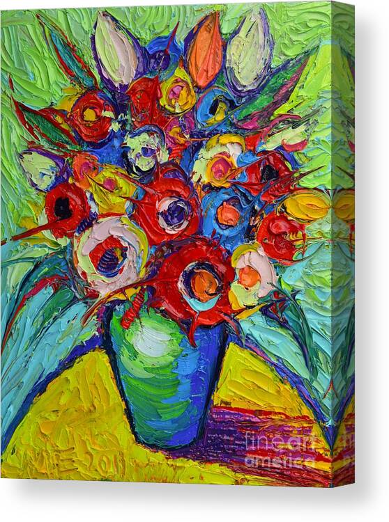 Abstract Canvas Print featuring the painting Happy Bouquet Of Poppies And Colorful Wildflowers On Round Yellow Table Impasto Abstract Flowers by Ana Maria Edulescu