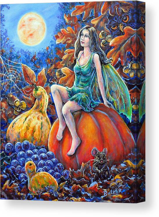 Fairy Moon Fall Pumpkin Gourd Mouse Harvest Owl Orange Grapes Canvas Print featuring the painting Harvest Moon by Gail Butler
