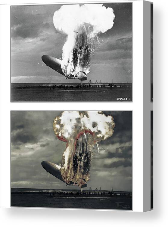 Hindenburg Canvas Print featuring the photograph Hindenburg Disaster Colorization Comparision by Franchi Torres
