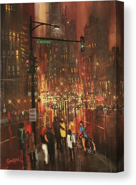 ; Christmas Shopping Canvas Print featuring the painting Holiday Shoppers by Tom Shropshire