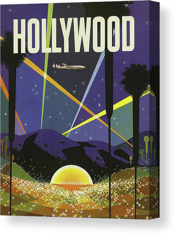 #faatoppicks Canvas Print featuring the painting Hollywood lights, vintage travel poster by Long Shot