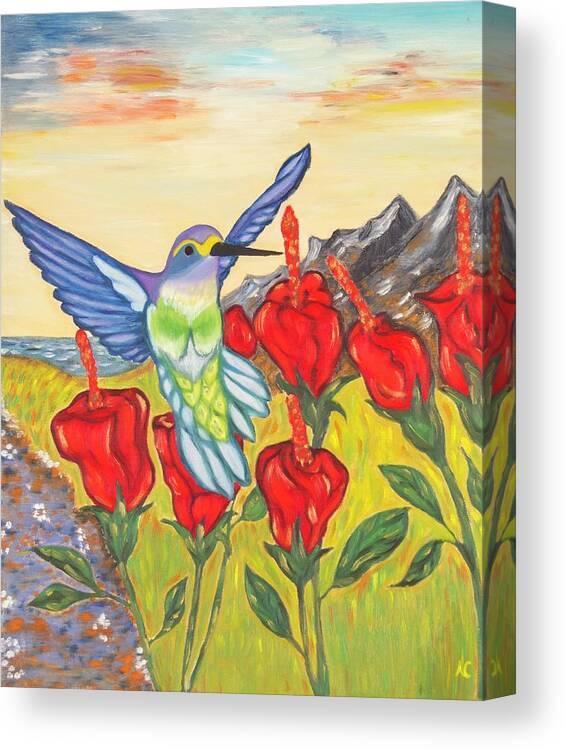 Hummingbird Canvas Print featuring the painting Nectar of Life - Hummingbird by Neslihan Ergul Colley