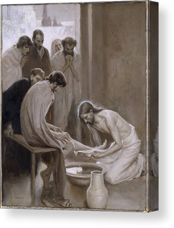 Albert Edelfelt Canvas Print featuring the painting Jesus Washing the Feet of his Disciples by Albert Edelfelt