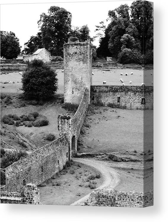 Kells Canvas Print featuring the photograph Kells Priory Outer Wall Gatehouse and Fortified Tower County Kilkenny Ireland Black and White by Shawn O'Brien