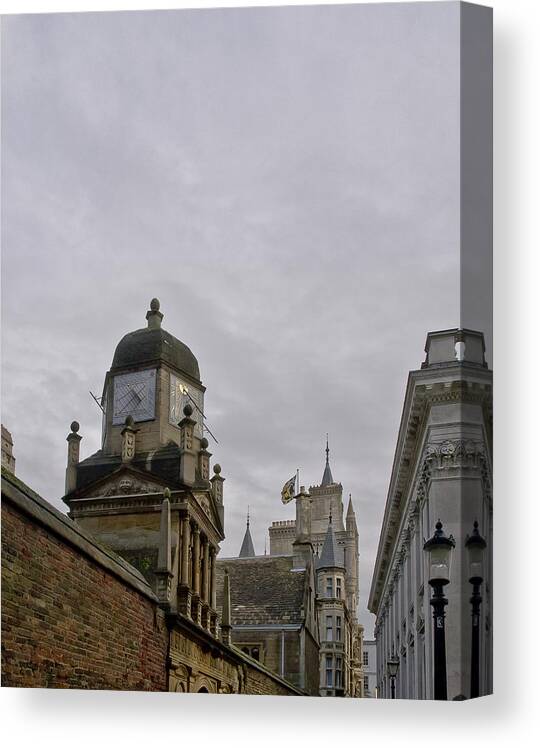 Cambridge Canvas Print featuring the photograph King college sundial clock tower. by Elena Perelman