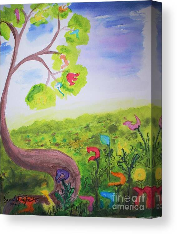 Lamed Learning Tree Lamed Learning To Learn To Teach Hagigah Rashi Tower Flying Air Talmud Judaica Hebrew Letters Jewish Canvas Print featuring the painting Lamed Learning Tree by Hebrewletters SL
