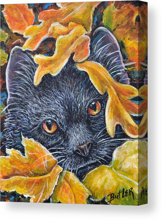 Fall Cat Kitten Black Leaves Leaf Orange Canvas Print featuring the painting Leaf Jumper by Gail Butler