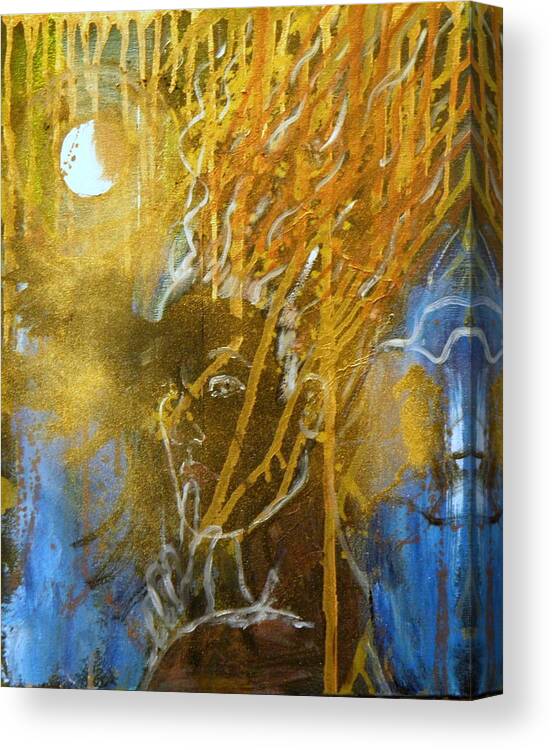 Moon Surreal Expressionistic Colours Blue Orange White Gold Red Yellow Black Process Girl Hair Eyes Nose Mouth Ears Hand Fingers Shoulder Canvas Print featuring the painting Listen To The Moon by Ida Eriksen