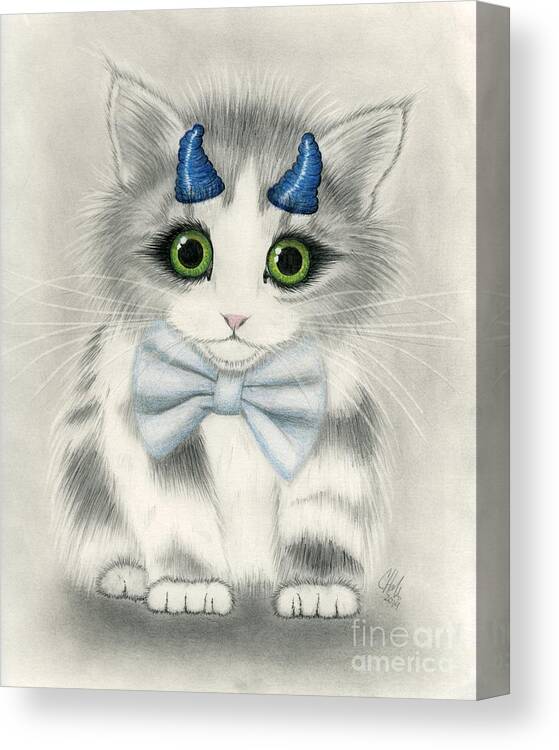 Cute Kitten Canvas Print featuring the drawing Little Blue Horns - Devil Kitten by Carrie Hawks