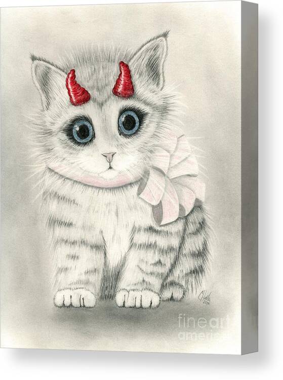 Cute Kitten Canvas Print featuring the drawing Little Red Horns - Cute Devil Kitten by Carrie Hawks