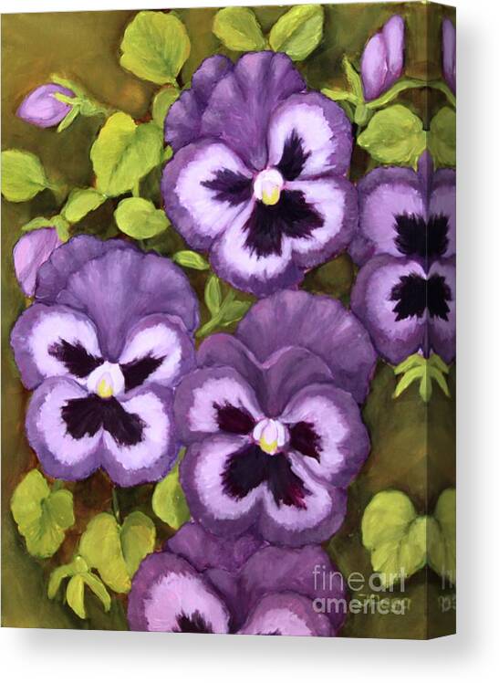 Pansies Canvas Print featuring the painting Lovely purple pansy faces by Inese Poga