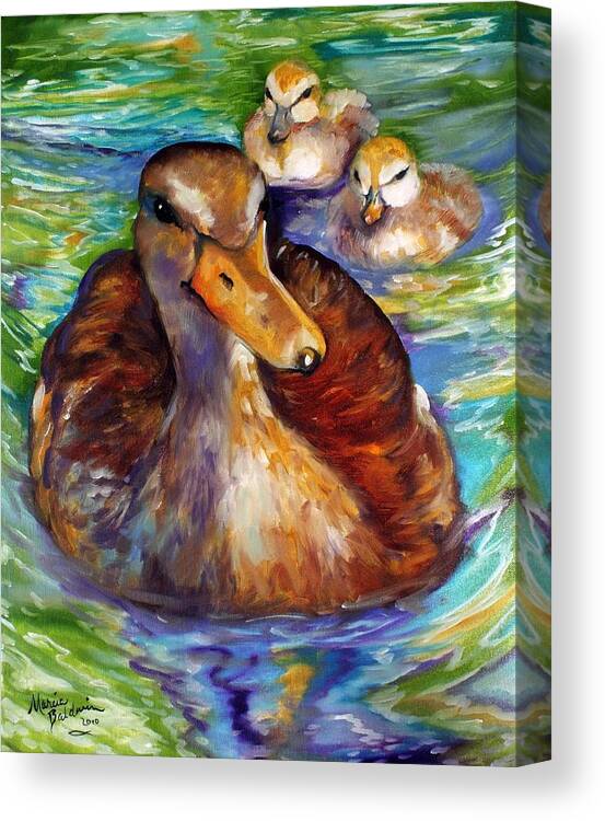 Duck Canvas Print featuring the painting MALLARD MOM and DUCKLINGS by Marcia Baldwin