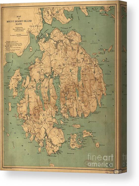 Map Of Mount Desert Island Canvas Print featuring the painting Map of Mount Desert Island by MotionAge Designs