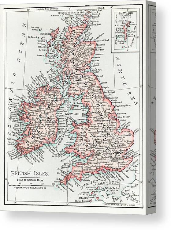 World Canvas Print featuring the drawing Map of the British Isles 1900 by Vincent Monozlay