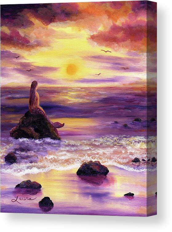 Mermaid Canvas Print featuring the painting Mermaid in Purple Sunset by Laura Iverson