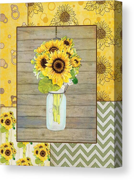 Modern Canvas Print featuring the painting Modern Rustic Country Sunflowers in Mason Jar by Audrey Jeanne Roberts
