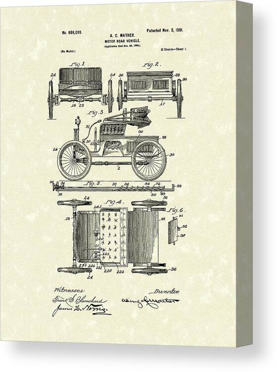 Mather Canvas Print featuring the drawing Motor Vehicle 1901 Patent Art by Prior Art Design