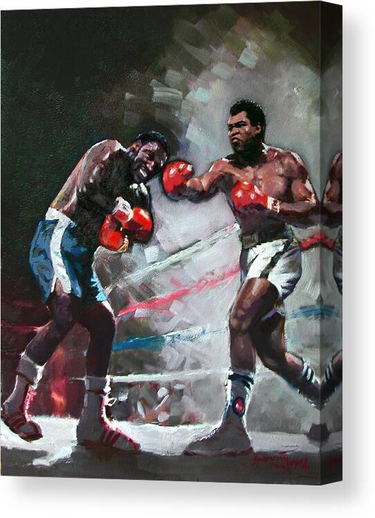Muhammad Ali Canvas Print featuring the painting Muhammad Ali and Joe Frazier by Ylli Haruni