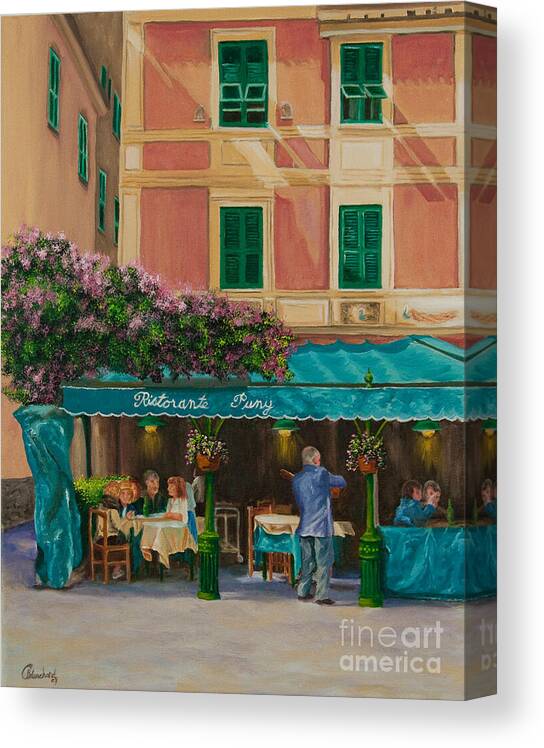 Portofino Italy Art Canvas Print featuring the painting Musicians' Stroll In Portofino by Charlotte Blanchard