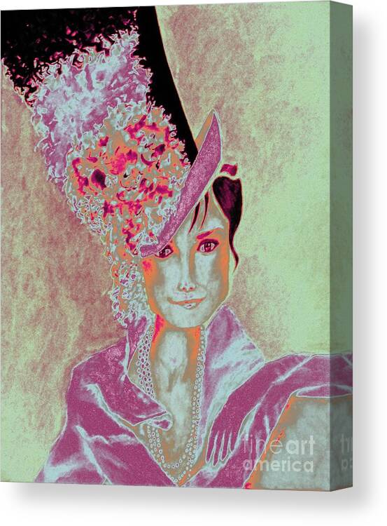 Audrey Hepburn Canvas Print featuring the painting My Fair Audrey -- in Raspberry and Orange by Jayne Somogy