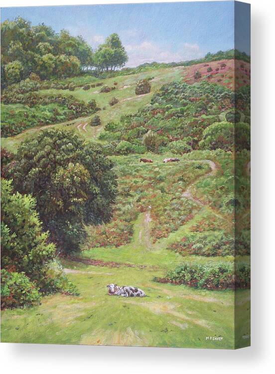 Countryside Canvas Print featuring the painting New Forest Hill with cows and horses by Martin Davey